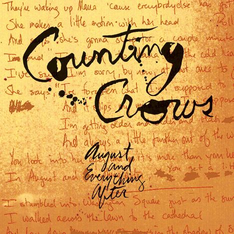 „Counting Crows, August and Everything After.“ Skizzenartiger Hintergrund mit handschriftlichem Text.