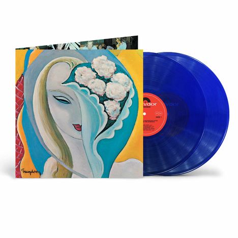 Der Text zeigt "Polydor" zweimal. Eine gemalte Frau mit blondem Haar, blauen und weißen Flächen, begleitet von blauen Schallplatten.