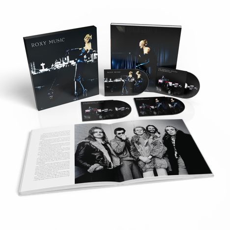 Oben: Roxy Music. Unten: Schwarz-weißes Foto von fünf Männern in Mänteln und Brillen.