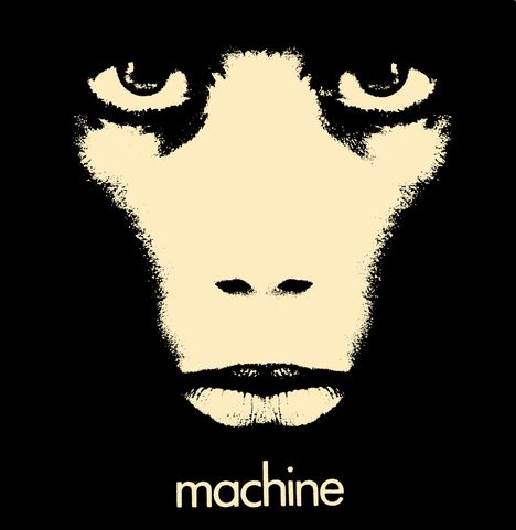 Text: "machine". Eine stilisierte Illustration eines Affengesichts mit eindringlichen Augen auf schwarzem Hintergrund.