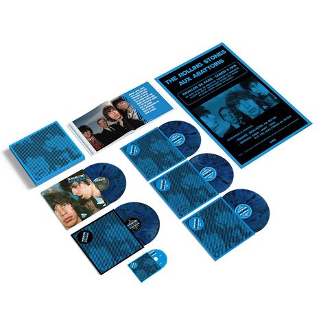 "The Rolling Stones Aux Abattoirs" steht auf einem Poster mit blauen und schwarzen CD-Hüllen und Schallplatten.