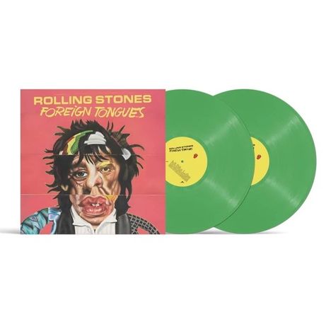 „ROLLING STONES FOREIGN TONGUES“: Zwei grüne Schallplatten, Cover mit Porträt eines Mannes illustriert.