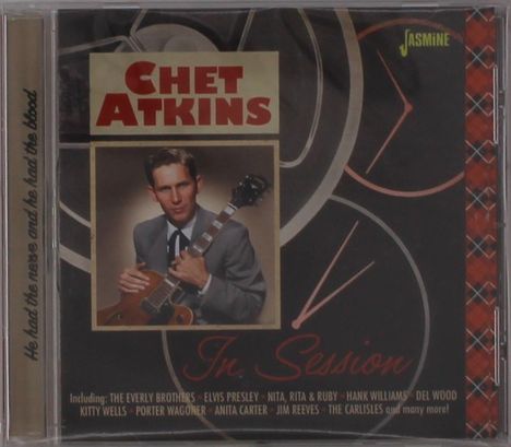"Chet Atkins", "In Session", "Including: The Everly Brothers, Elvis Presley..." Ein Mann mit Gitarre, Vintage-Design.