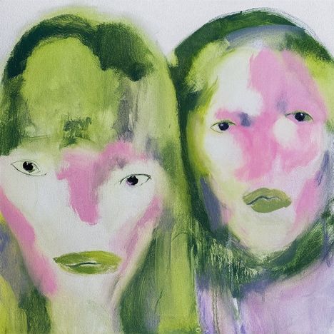 Zwei abstrakte Gesichter mit grünen und rosa Farbtönen, reduzierten Details und expressiven Pinselstrichen.