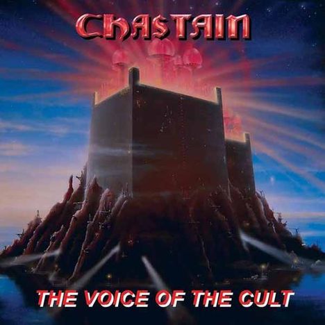 "Chastain" oben, "The Voice of the Cult" unten. Ein düsteres, majestätisches Schloss mit roten Lichtern in einer surrealen Landschaft.
