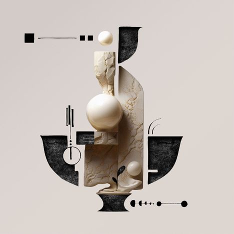 Abstrakte Illustration mit geometrischen Formen: Kugeln, Linien und Halbkreise in Schwarz-Weiß und beige marmoriertem Hintergrund.