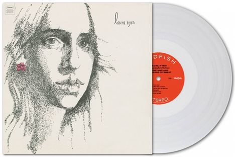 „Laura Nyro“ steht oben. Strichzeichnung eines Gesichts und daneben eine durchsichtige Schallplatte mit rotem Label.