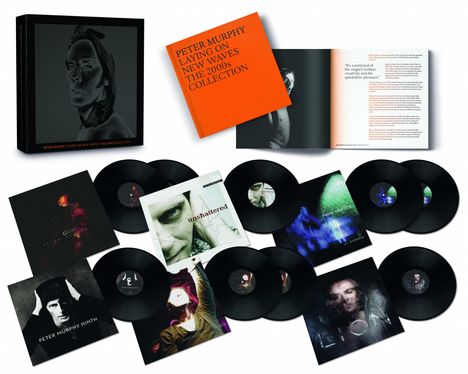 Eine Sammlung von Vinyl-Schallplatten mit Albumcovern. Ein orangener Text "PETER MURPHY LAYING ON NEW WAVES THE 2000s COLLECTION".