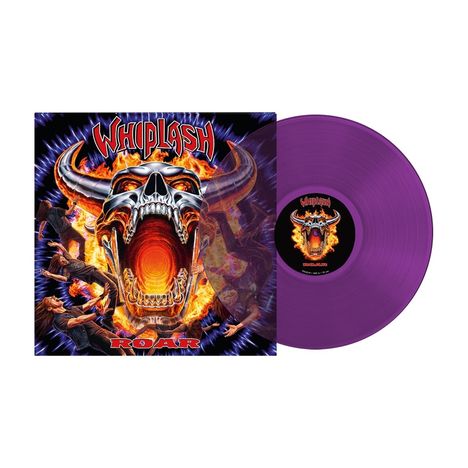 Text: "Whiplash" und "Roar". Illustration eines Stier-Schädels in Flammen mit Menschen drumherum. Lila Vinyl-Schallplatte.