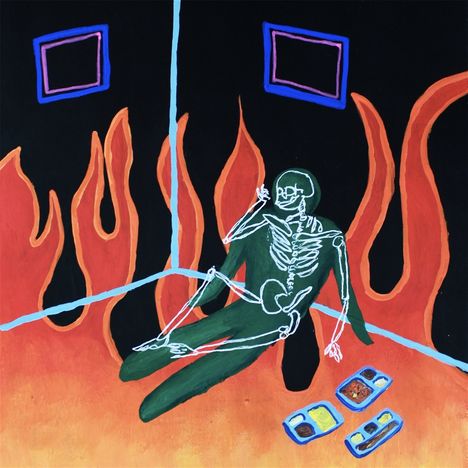 Ein Skelett sitzt in einer Ecke vor Flammen mit blauen und violetten Rechtecken an der Wand. Vor ihm liegen Tabletts.