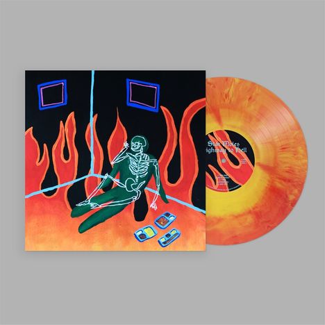 Text: "Star Moles Highway to Hell." 
Eine bunte Illustration eines Skeletts in Flammen mit Kassetten.
