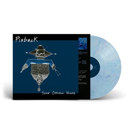 „Pinback“ und „Some Offcell Voices“ auf Albumcover. Illustration eines robotischen Wesens auf blauem Hintergrund.