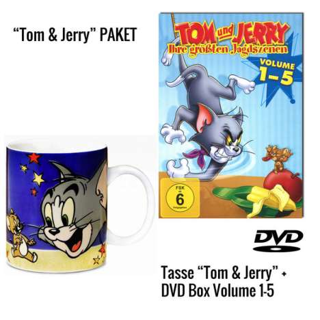 Tom &amp; Jerry - Ihre größten Jagdszenen Vol. 1-5 (Geschenkset mit Tasse), 1 DVD und 1 Merchandise