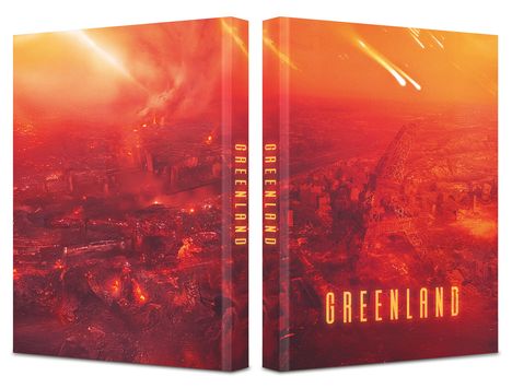 "GREENLAND" steht vertikal an der Seite und horizontal unten. Feurige Szene mit brennenden Gebäuden und einem fallenden Turm.