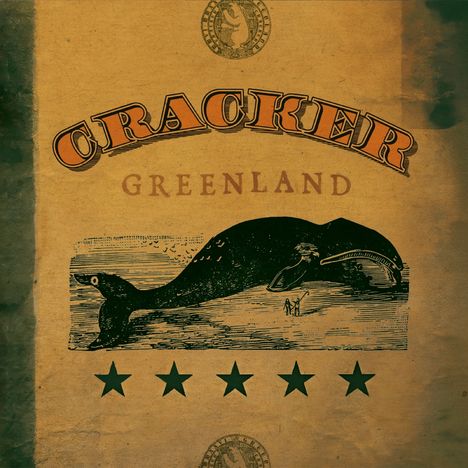 "CRACKER", "GREENLAND"; Illustration eines großen Wals und fünf Sterne darunter, in nostalgischem Design.