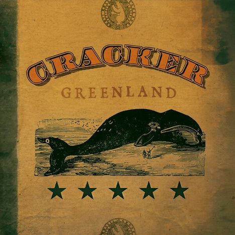 Text oben: "CRACKER", darunter "GREENLAND". Darunter eine Zeichnung eines Wals, unten fünf Sterne.