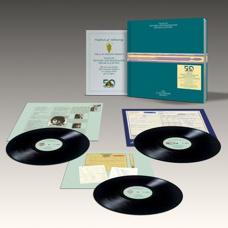 Zertifikat und Box-Set des Alan Parsons Project, "Tales of Mystery and Imagination" von Edgar Allan Poe, mit Vinyl-Schallplatten.