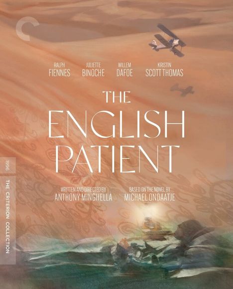 "The English Patient" in großen Buchstaben, darunter ein Wüstenmotiv mit einem fliegenden Doppeldecker-Flugzeug.