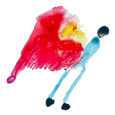 Eine abstrakte, farbenfrohe Illustration zeigt eine Figur in Blau mit einem großen roten und gelben Flügel.