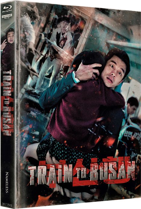 Text: "Train to Busan." Ein Mann hält ein Kind, umgeben von Chaos und Menschen hinter Glasscheiben. Spannungsgeladenes Szenario.