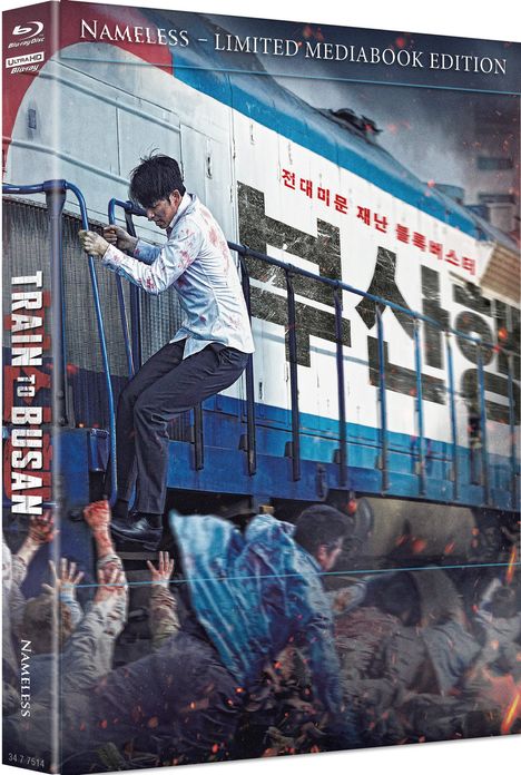 "TRAIN TO BUSAN", Nameless – Limited Mediabook Edition. Ein Mann klettert an einem Zug, darunter Menschen mit ausgestreckten Händen.