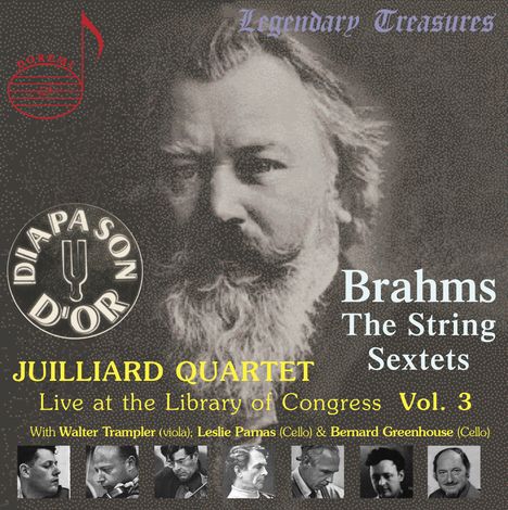 Texte: "Legendary Treasures", "Brahms The String Sextets", "JUILLIARD QUARTET", "Diapason D'Or". Bild eines Mannes mit Bart.