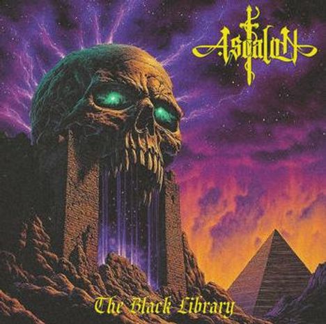"Ascalon" oben in Gelb, "The Black Library" unten. Illustration: Monument mit Schädel, Pyramide, violett-oranger Himmel.
