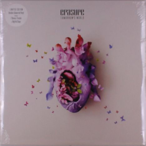 "erasure TOMORROW'S WORLD." Ein Herz aus rosa und violetten Blumen und Blättern, umgeben von bunten Schmetterlingen.