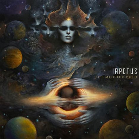"Iapetus" und "The Mother Void". Eindrucksvolle Illustration: Gesicht mit mehreren Augen, Hände halten leuchtende Kugel.