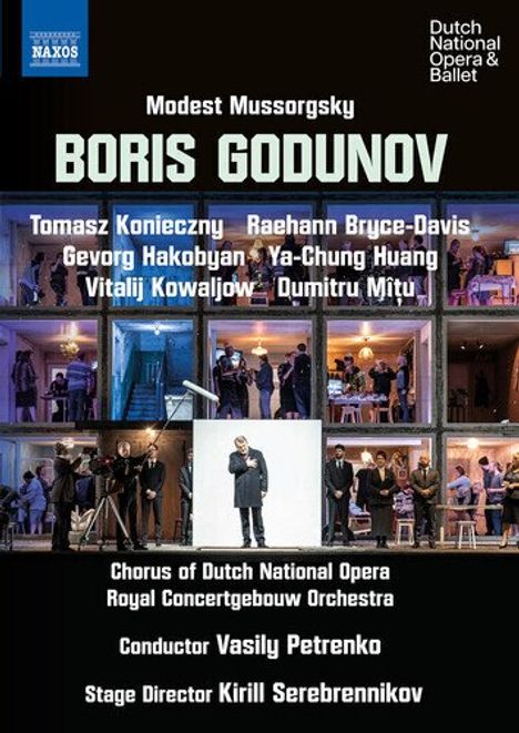 Titel: "Boris Godunov" von Modest Mussorgsky. Namen: Tomasz Konieczny, Raeahnn Bryce-Davis. Szenen in beleuchteten Fenstern.