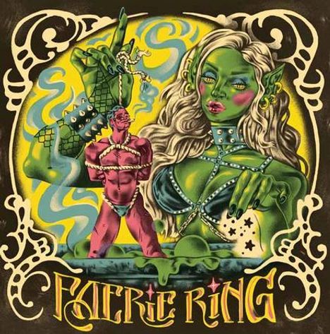 "Faerie Ring." Illustration einer grünhäutigen, mystischen Figur, die eine kleine rote Figur in einem Kessel hält.