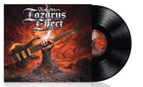 "Thomas Miller's Lazarus Effect." Illustration: Eine Hand erhebt eine E-Gitarre aus flammendem, rauchigem Boden.