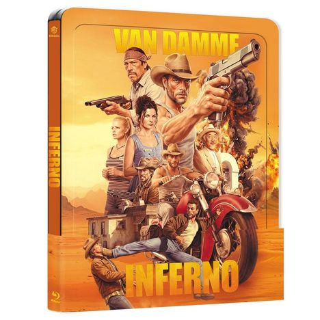 Text: "VAN DAMME" oben, "INFERNO" an der Seite und unten. Illustration: Szenen mit Personen, Explosionen und Motorrädern.