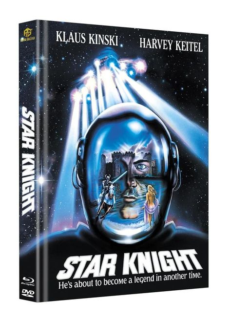 Oben: "Klaus Kinski", "Harvey Keitel". Unten: "Star Knight". Sci-Fi-Motiv: Ritter, Burg und Frau in einem futuristischen Helm.