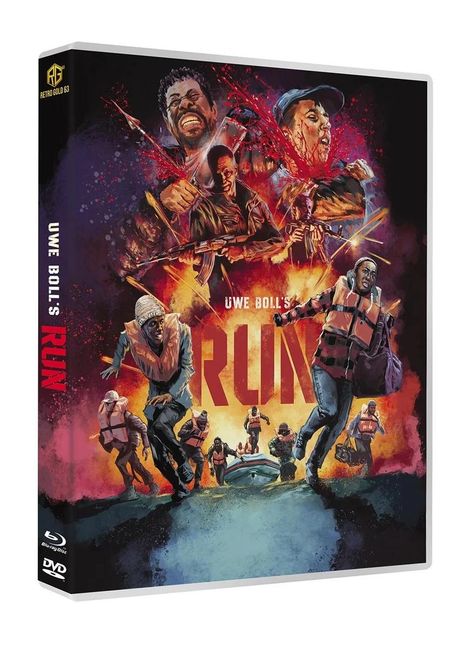 "Uwe Boll's RUN" ziert eine dramatische, actionreiche Illustration mit bewaffneten Figuren und schreienden Gesichtern.