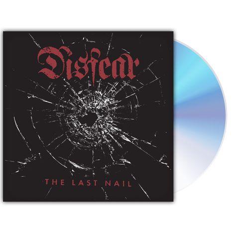 "Disfear" oben, "The Last Nail" unten in roter Schrift auf schwarzem Hintergrund mit zersprungenem Glas.
