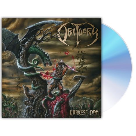 Obituary, Darkest Day. Illustration: Krieger kämpft gegen Drachen in düsterer, fantasievoller Umgebung.