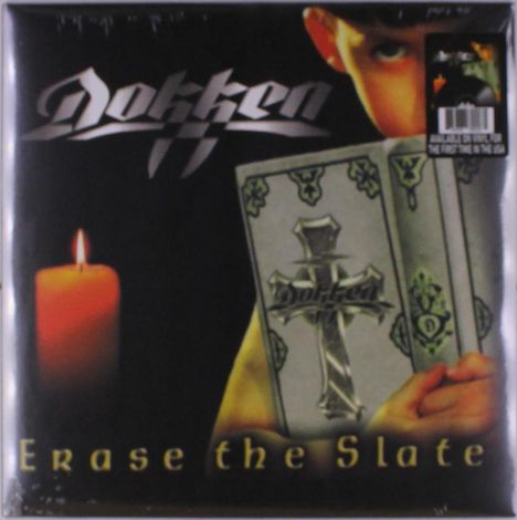 "Dokken" oben, "Erase the Slate" unten. Ein Kind mit geschlossenem Buch neben einer brennenden Kerze.
