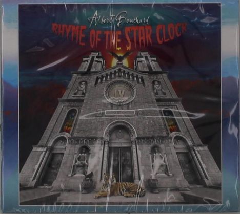"Albert Bouchard RHYME OF THE STAR CLOCK." Vorderansicht einer gotischen Kathedrale mit Tiger und Statuen.