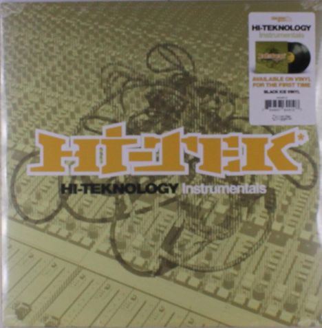 Text: "HI-TEKNOLOGY Instrumentals". Ein Cover mit gelben Schriftzug und DJ-Mischpult als Hintergrund.