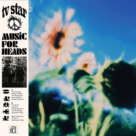 „tv star MUSIC FOR HEADS“, Trackliste. Verschwommene Sonnenblumen vor blauem Himmel. Schwarz-weißes Foto links.