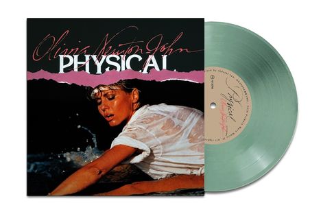 Text: "Olivia Newton-John, PHYSICAL." Frau in nassem Shirt in Wasser. Grünes Vinyl daneben.