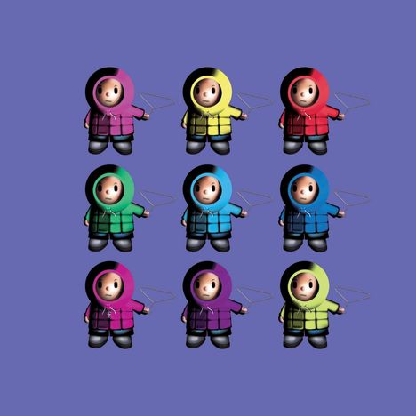Illustration: Neun Figuren in farbigen Anoraks auf lila Hintergrund, jede hält einen Drahtbügel in der Hand.