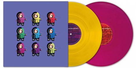 Text: Anoraknophobia. Illustration mit neun bunten Figuren in Anoraks, darunter zwei farbige Schallplatten.