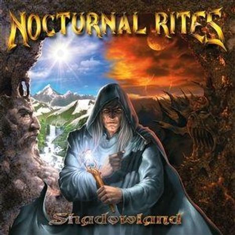 "Nocturnal Rites" und "Shadowland". Ein Kapuzenmann mit einem Stab, Teil einer fantastischen Landschaft zwischen Tag und Nacht.