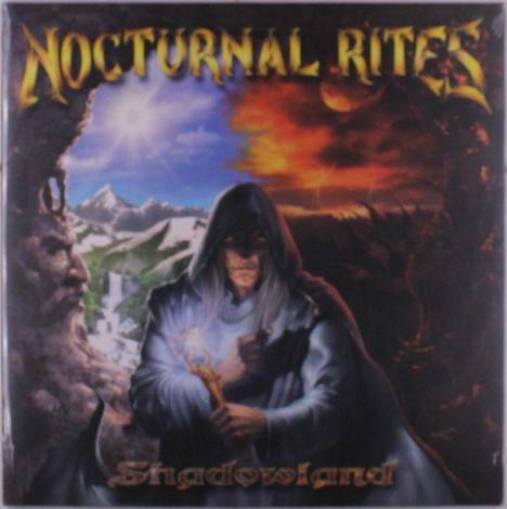 "NOCTURNAL RITES" oben, "Shadowland" unten. Ein Magier mit Stab, Berglandschaft links, feuriger Himmel rechts.