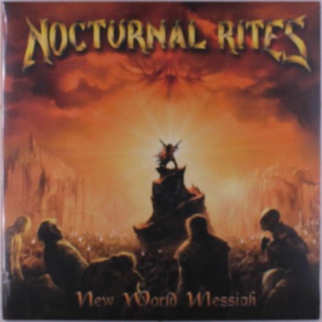 "Nocturnal Rites" oben, "New World Messiah" unten. Szene: Eine Gestalt steht erhaben auf einem Felsen vor einer Menschenmenge.