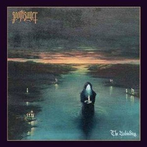 "Spöktivsanger" oben links, "The Riddles" unten rechts. Gemälde: Einhüllte Gestalt auf einem Gewässer bei Dämmerung.