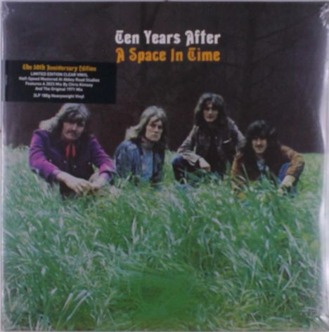 "Ten Years After: A Space In Time" steht oben. Vier Männer sitzen in hohem Gras. Quadratische Vinyl-Hülle.