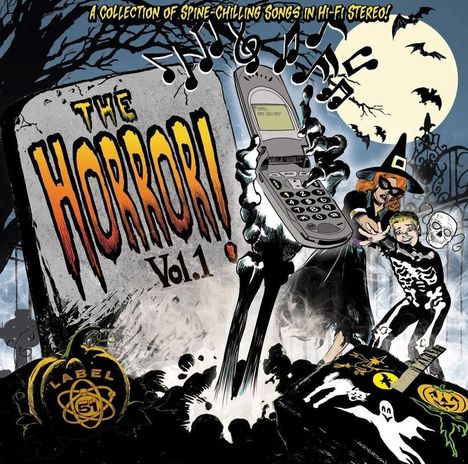 "The Horror! Vol.1" und "A Collection of Spine-Chilling Songs in Hi-Fi Stereo!" in gruseliger Halloween-Szene mit Handy.